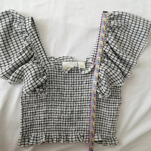 Anthropologie Maeve Gingham Plaid Smocked Ruffle Crop Blouse Flutter Sleeve XS - Picture 14 of 15